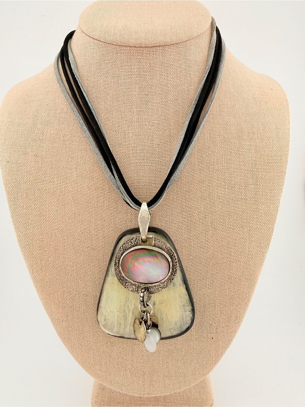 Chico's Statement Pendant Necklace - Iridescent Shell & Mixed Media Multi-Strand